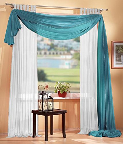 Gardinen Set, 2 x Schlaufenschal Voile, transparent, 245x140, Weiß, 1 x Voile Querbehang, Freihanddeko, 140x600, Türkis, 61000560