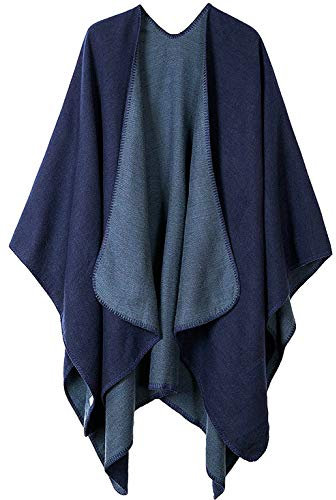 Shmily Girl Damen Poncho Habe Gestrickt Überdimensionalen Decke Kap-Schal (Navy Blue 2)