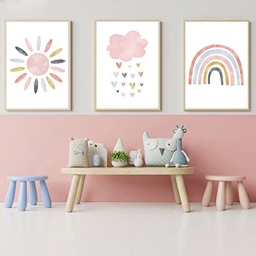 Nordic Ideas Lot de 3 Affiches Chambre Fille Rose Arc en Ciel Soleil Nuage Tableau 30x40 Posters Bébé Enfant Cadeau Impression sur Toile Murale Decoration Scandinave PTFL001-M