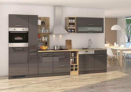 idealShopping GmbH Küchenblock Mailand 340 cm mit Apothekerauszug grau Hochglanz ohne Elektrogeräte