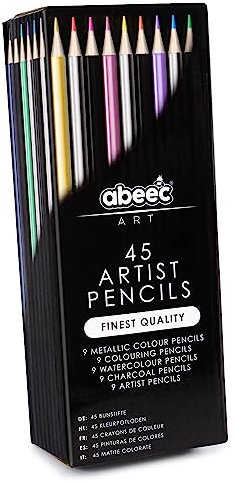 Abeec 45 Artist Pencils - Metallic, Charcoal & Watercolour Pencils for Adults