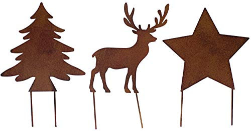 B2S BACK2SEASON Metall Stecker Baum Stern Rentier Rost-Optik Advent Weihnachten Gartenstecker H=20 cm + 8 cm Stab 3er Set