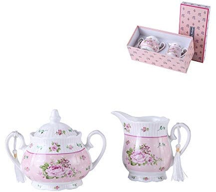 London Boutique Porcelain Teapot Sets Teapot Sugar Bowl and Cream Milk Jug Shabby Chic Vintage Floral in Gift box (Cream & Sugar Set Rose Pink)