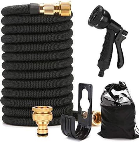 EVERGD Expandable Garden Hose, Upgraded 3-Layer Latex Lightweight Hose Pipe, 3/4&1/2 Solid Brass Connectors, Black No-Kink Flexible Water Hose with 8 Function Spray (25FT)