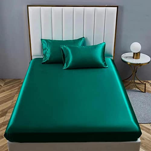 Boqingzhu Satin Spannbettlaken 90x200cm Dunkelgrün Grün Uni Einfarbig Seide Spannbetttuch Microfaser Bettlaken für bis 30cm Matraze