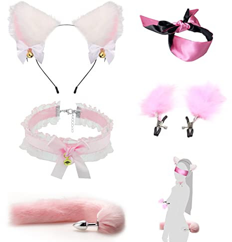 Analplug Paaren Cosplay mit Fuchsschwanz, Buttplug Anal Dildo 5 Stück Set,Nippelklemmen + Augenmaske + Spitze Halsband + Katze Ohren,SM Analspielzeuge Sex Spielzeug für Männer Frauen Paare (Rosa)