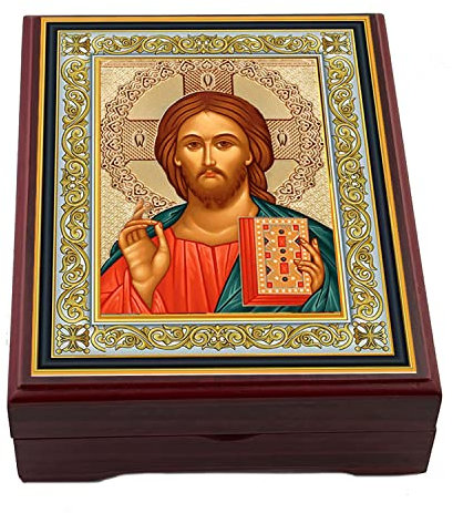 Needzo Rosenkranz-Box mit Jesus Christus, für Gebetsperlen, Schmuck, Holz, 12,7 cm, religiöses Geschenk für Ihn, Mann, Frau
