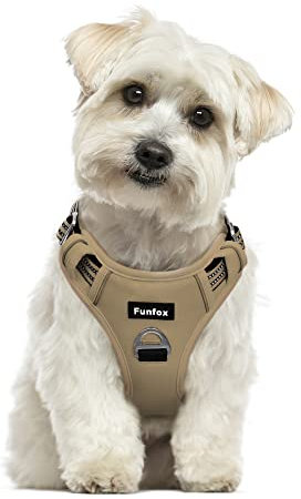 Funfox Dog Harness Small No Pull, Adjustable 2 Clips Anti-Pull Vest with Practical Handle, Breathable Padded Pet Harness Designed for Small/Large Breeds, Reflective Training Walking Brown S