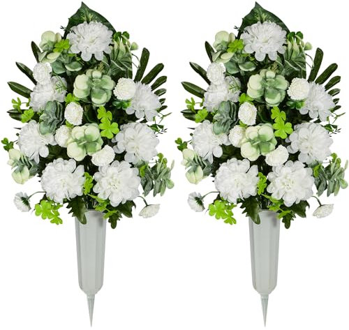 AOFOX Artificial Cemetery Flowers, Bulbous Chrysanthemum Flowers Greenery Bouquet for Grave Decoration, Set of 2 Spring Memorial Flowers with Vase (White)