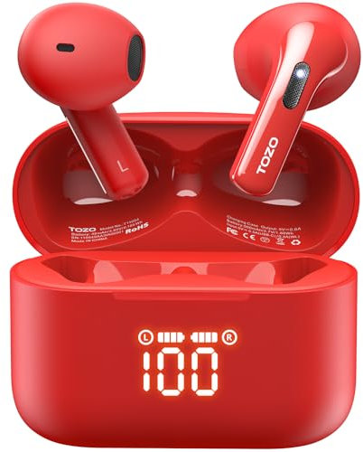 TOZO T21 Wireless Earbuds, Bluetooth 5.3 Earphones, Semi In Ear Buds, Dual Mic Call Noise Cancelling Earphones, Bluetooth Earbuds with Wireless Charging Case, IPX8 Waterproof (Red)