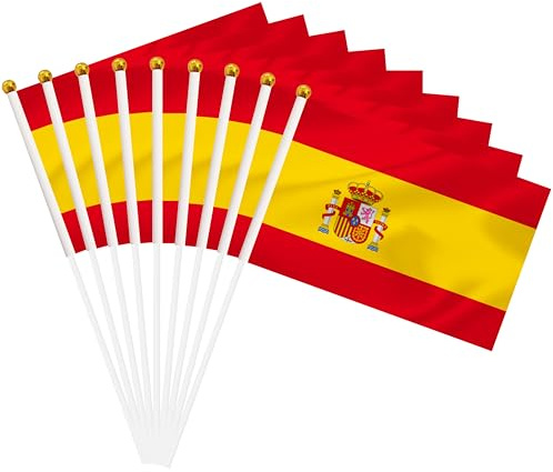 Lot de 50 mini drapeaux espagnols à main avec drapeau espagnol miniature de 21 x 14 cm, décoration extérieure, décorations de fête, fournitures pour défilés, festivals, événements (Espagne)