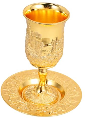 HAKIDZEL Kiddush Weinbecher Mit Untertasse Metall Judaica Shabbos Passah Desktop Heiliger Kelch Festliches Geschenk Für Schabbat Und Passover Feierlichkeiten