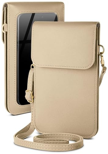 moex Handytasche zum Umhängen für Motorola Edge 50 Fusion kleine Handtasche mit Handyfach und Sichtfenster, 2 extra Fächer Mini PU Leder Handy Umhängetasche Damen CitySling, Beige
