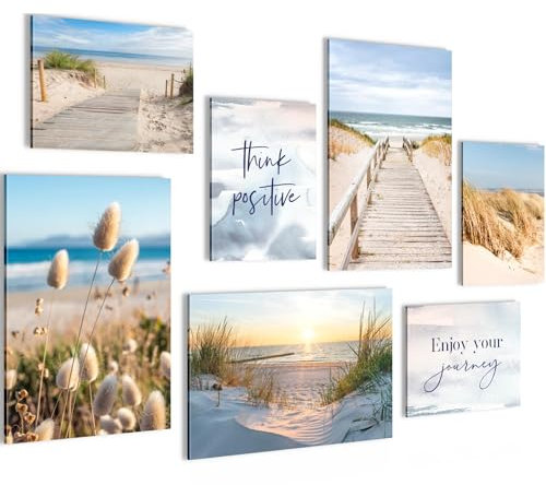 Novart Bilder Strand Meer Boho - KOMPLETT AUFHÄNGFERTIG - Blau Beige Wohnzimmer Schlafzimmer Flur - 7 Moderne Mood-Bilder - N034772b
