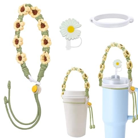 KASESSS 3 Pcs Compatible Stanley Cup Accessories, Water Bottle Handle Strap, Silicone Safety Ring, Daisy Straw Cover, Crochet Flower Cup Strap for Stanleys, Easy Carrying, Suitable for Most Kettles