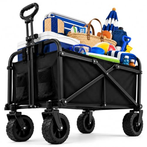 Carro Playa Plegable - PINCHO - Carrito De Playa Plegable, Carro Transporte Plegable con Asa Telescópica, Carretilla Plegable con Ruedas y Frenos - 4 Ruedas, Carga 80 kg, Plegado Compacto, Bolsillo