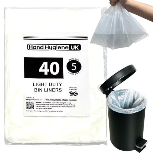 5L Pedal Bin Liners 40 Count Standard Dustbin Waste Bags Small 5 Liter Trash Bags For Toilet Bedroom Bathroom Hotels Garbage White Refuse Sacks For Rubbish 5 Litre Light Duty