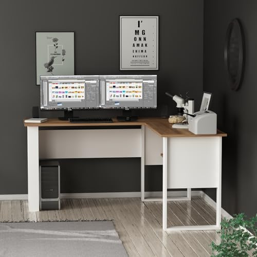 Homidea Randi moderner Eckschreibtisch – Computer-Schreibtisch in L-Form mit Regalen für Büro und Zuhause (Randi - Weiß/Eiche)
