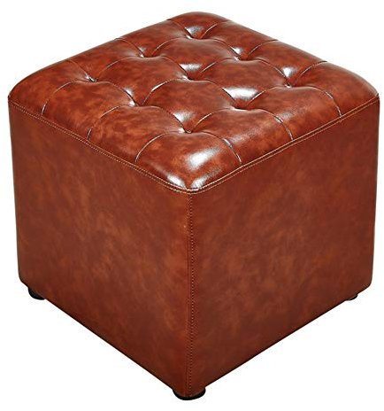 Brauner Leder-Pouf, Ottomane, Fußhocker mit Massivholzrahmen, kleine Bank für Wohnzimmer, quadratischer Couchtisch, 40 x 40 x 35 cm