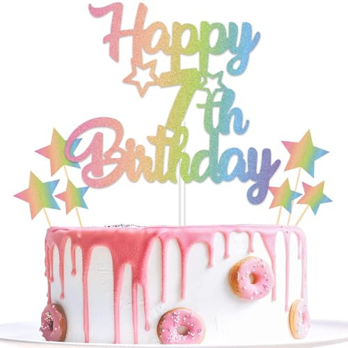 Gidobo Pastel Rainbow Birthday Cake Toppers with Star Pick, 7pcs Set, 7th Birthday Party Decorations