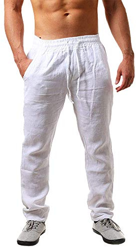 Runcati Pantalones de Lino para Hombre, Lisos, Largos, Ligeros, Holgados, con cordón, para Vacaciones, Playa, Uso Diario