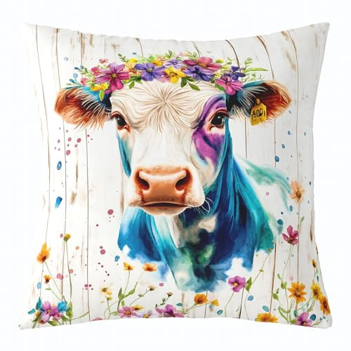 Homewish Kinder Cartoon Waldtiere Kissenbezug Kuh 45x45cm | Kissenhülle Niedlich Mädchen Jungen Botanische Blume Pflanze Kissenbezug mit Reißverschluss Dekokissenbezug Waschbar