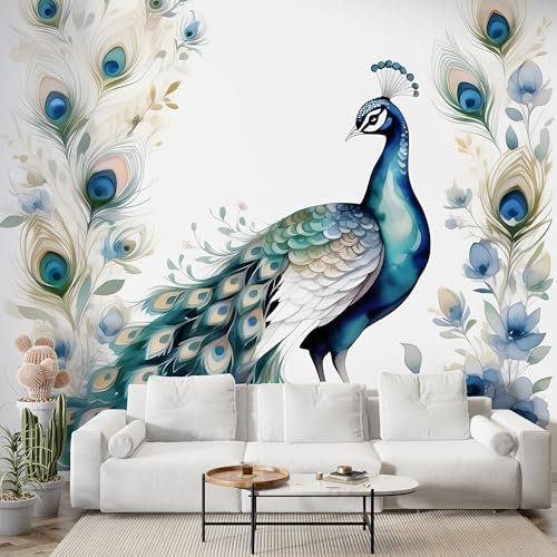 Selbstklebende Tapete Pfau Aquarell Wandbilder, Vlies Fototapete mit Pfau Motiv, 3D Effekt Wandtapete Deko, Abziehen & Aufkleben, 250x175 cm - S-852