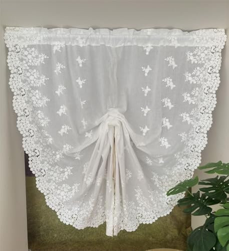 Vordesack Baumwolle Raffrollo mit Loch-und 3D Blumenstickeirei Landhausstil Gardine mit Stangendurchzug Spitze Raffgardine Wohnzimmer 1 Stück Weiß HxB 160x130cm
