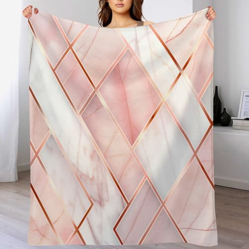 Rose Gold Geometry Fleece Throw Blanket - Luxury Style Soft Cosy Fluffy Blankets for Bed, Warm Single Throws for Sofa for Audlts and Children, Pink-130x150cm