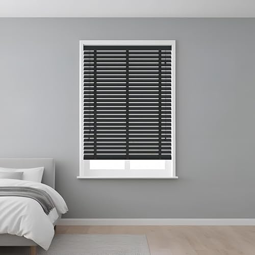 J.Din Custom Made to Measure Faux Wood Blind 50mm Horizontal Slats Window Venetian Blinds, Easy Fit & Child Safe (Charcoal Tape, 165cm Width x 150cm Drop)