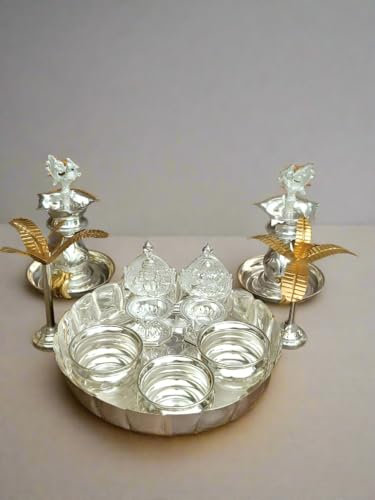 Crafting Love German Silver Flower Plate and gandham Bowls Combo with Diya for Diwali/Housewarming Pooja