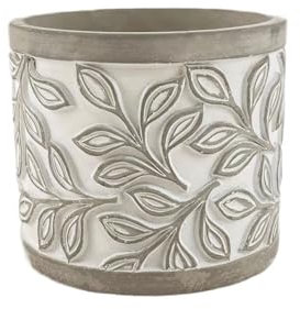 Maceta Maceta cilíndrica con patrón de relieve de hojas grises, con orificio de drenaje, maceta de cemento for decorar balcón, sala de estar, cocina (3 tamaños) Maceta De Cerámica(Grande)