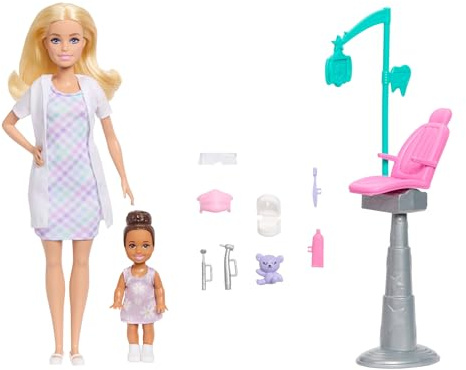 Barbie Careers Dentist Doll & Medical Themed Playset | Blonde Fashion Doll Wearing White Coat, 1 Small Doll & Dentist Playset, Ages 3+, JMK14