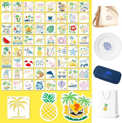 Ozean Malen Schablonen Set, 64Stück Hawaiianisches Sommer Strand Schablonen | Wiederverwendbar Zeichenschablonen für DIY Scrapbooking Malen auf Holz & Wanddekoration(7,6x7,6cm)