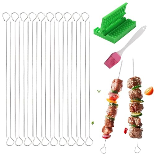 22 Pcs BBQ Skewers Set, Stainless Steel Kebab Skewers, Metal Grill Sticks | Reusable stainless steel, 20 x 30cm sticks with green loader and pink silicone brush for meat, chicken, vegetables, BBQ