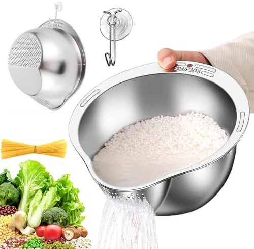 Duscdesp Reis Waschschüssel mit Sieb Küche,Küchensieb Edelstahl 304,Haltbar Reissieb,Nudelsieb in Lebensmittelqualität,Kleines Sieb für Quinoa,Obst,Gemüse und Hülsenfrüchte