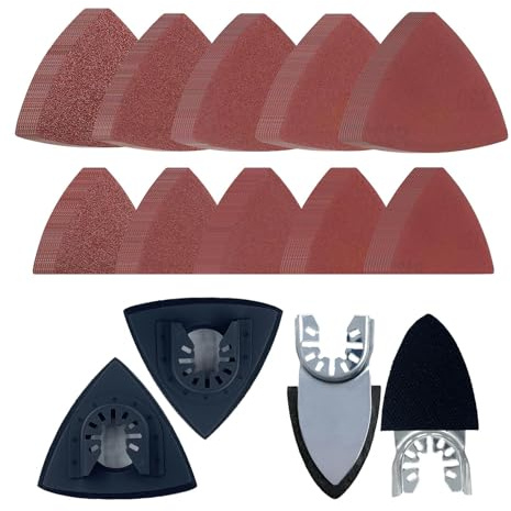 104 Pcs Oscillating Multi Tool Sanding Pads Kit, 2 Triangle & 2 Finger Hook and Loop Bases with 100 Assorted Grit Sandpapers, 60/80/100/120/240 Grit, for Wood, Drywall, Metal & Furniture
