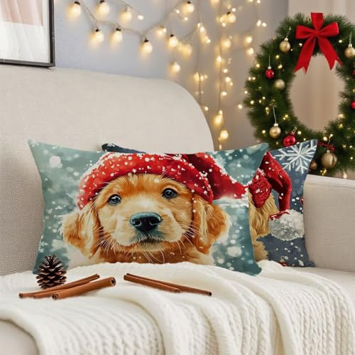 Kissenbezug Winter Kissenhüllen 40x80 cm Deko Kissen Hund Outdoor Kissen Wetterfest Leinen Kissenbezug 2er Set mit Unsichtbarem Reißverschluss Pillow Case für Garten Sofa Balkon Dekoration 3m-429