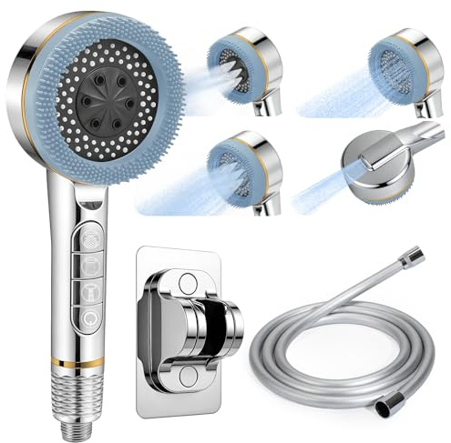 Alcachofa de Ducha con Filtro Cabezal de Ahorro de Alta Presión con 4 Modos Multifunción Ducha de Mano Antical Duchadora de Mano Shower Head con 1,5M Manguera y Soporte (Azul Claro)