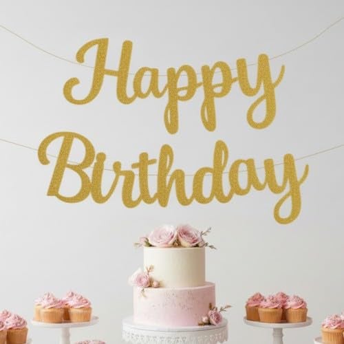 DIY Happy Birthday Girlande aus Gold-Glitzerpapier, Elegantes Geburtstagsbanner zum Selbstgestalten, Wiederverwendbare Partydeko für Erwachsene & Frauen, 1 Set inkl. Schnur (Gold)