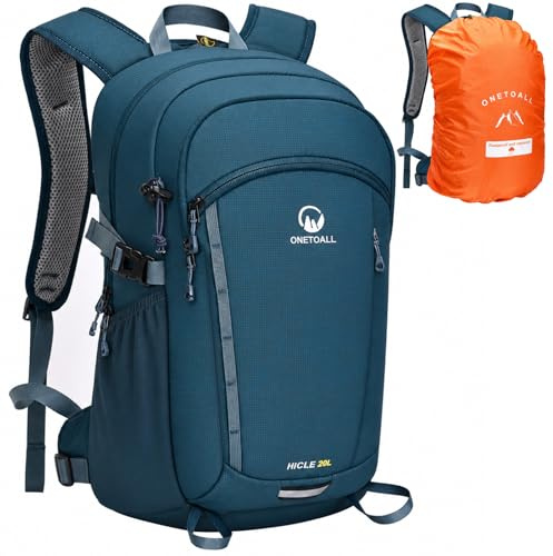 ONETOALL Wanderrucksack Damen & Herren 20L, Leichter Tagesrucksack Klein, Rucksack Wasserdicht mit Regenhülle für Tageswanderungen, Kurze Touren, Radfahren, Pendeln, Nur 510g