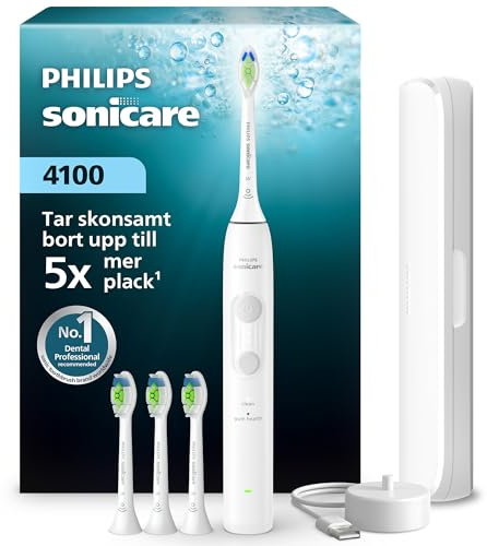 Philips Sonicare Series 4100 Elektrische Zahnbürste – Schallzahnbürste mit Drucksensor, 4 Putzeinstellungen, EasyStart, SmarTimer, 21 Tage Laufzeit, Reiseetui, Weiß, HX4046/41, [Neu]