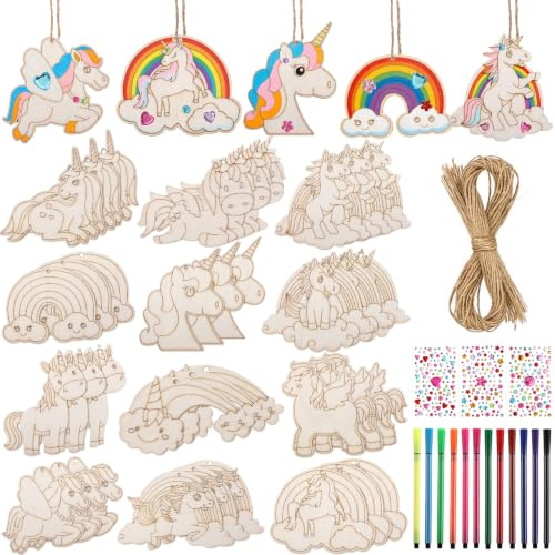 36 Stück Einhorn Holz Bastelsets für Kinder Bastelset Kindergeburtstag | Holz Tier Bastelset Kit Holzanhänger zum Bemalen mit Aquarellstift Edelsteinaufkleber für Jungen Mädchen