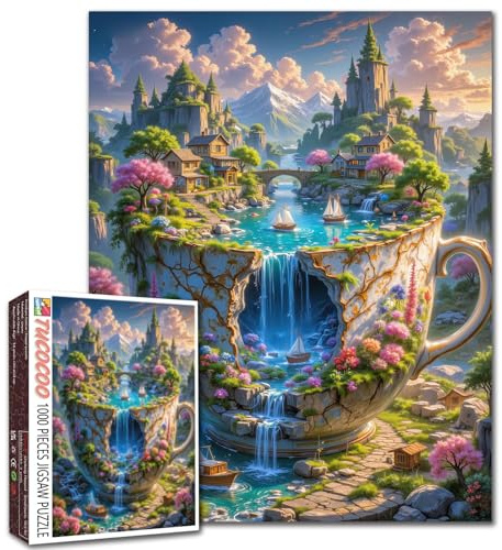 Waterfall Teacup Village 1000 Piece Jigsaw Puzzles for Adults and Beginner Scenic Fantasy Puzzles Challenging Family Activity Games Colorful DIY Craft Puzzle for Home Decor Gifts 20×27 Inches