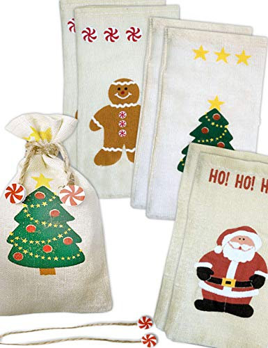 HOMETOOLS.EU® 6 Jute Geschenk-Beutel, Stoff-Säcke für Weihnachten, 19x10 cm, Weihnachtsmotive