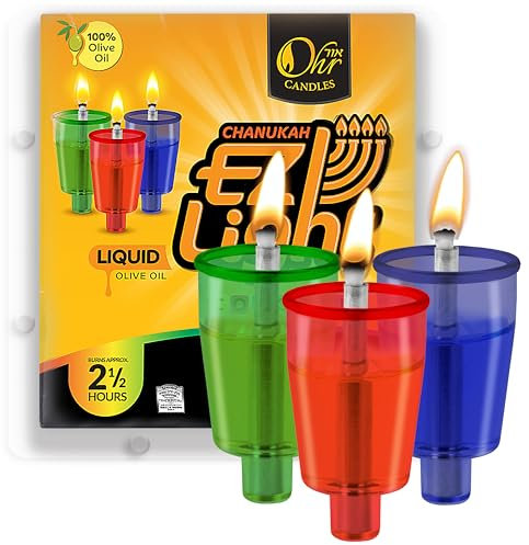 Velas de aceite de Menorah precargadas de colores – Hanukkah EZ Lights – 100% aceite de oliva con mecha de algodón en vaso de plástico, tamaño mediano, 44 por paquete, quema aprox. 2 1/2 horas