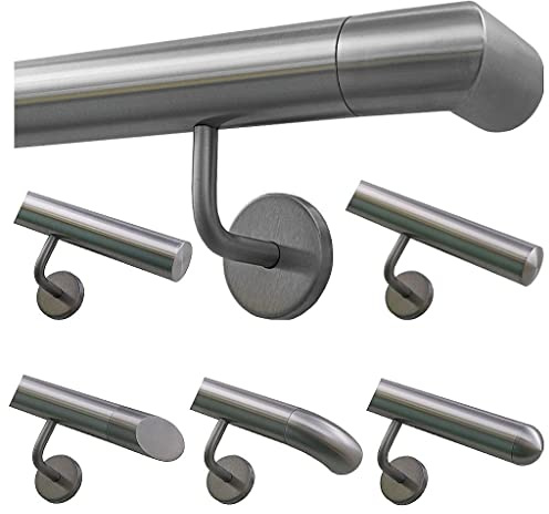 TIBU Handlauf Geländer Edelstahl Ø 42,4 mm - Länge 120 cm - Ende Ecke zur Wand und gewinkelte Halter - Rostfrei für Außen und Innen