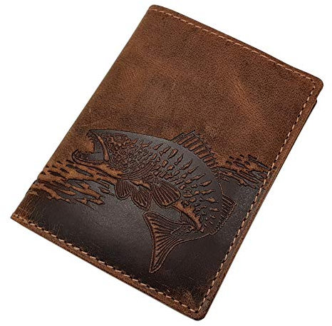 myledershop Echt Büffel-Vollleder Geldbörse/Geldbeutel/Portemonnaie/Portmonaise/Geldtasche/Portmonee in Hochformat mit Fisch-Motiv mit RFID & NFC Schutz in Braun