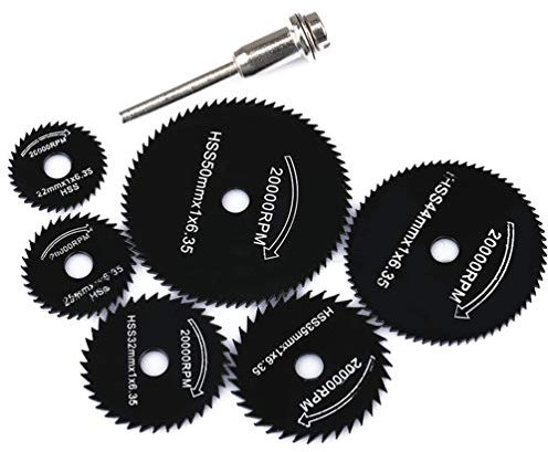 6 Piezas - Herramienta rotativa de hoja de sierra circular mini HSS + vástago de 1pc para herramienta de corte de metal Dremel Discos de corte de madera Taladro Mandril Corte 22-50mm