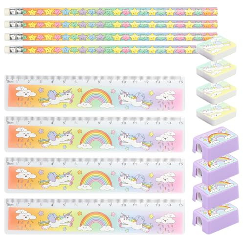 com-four® 24-teiliges Kinder-Schreibset Einhorn - Schulutensilien mit Bleistift, Lineal, Anspitzer und Radiergummi für 6 Kinder - Mitgebsel Schreibwaren für Kindergeburtstag (24-teilig - Einhorn)